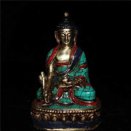 China old Beijing old goods Seiko Nepalese Green Pine Inlaid Pure Copper Buddha Decoration statue