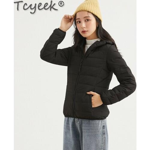 Tcyeek Womens Jackets Autumn 90% White Duck Down Coat Plus Size Femme Light Thin Short Korean Parka Hooded Kurtka Damska SQQ470