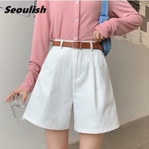 Seoulish Summer 2021 New Elegant Womens Half Pants with Belted High Waist Suit Pants Casual Loose Female Trouses
