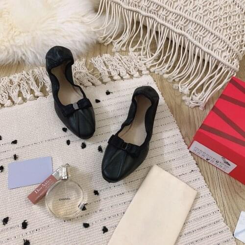 Hot Sale Womens Shoes Genuine Leather Ballet Flats Shoes Buttfly Bow Flat Shoes Fashion Brand Rollable Shoes For Woman 35-41