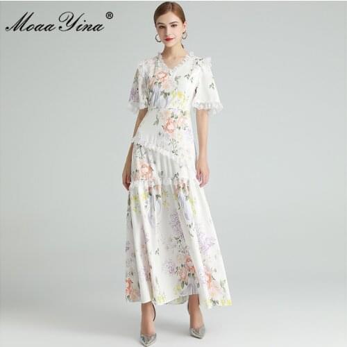 MoaaYina Fashion Designer dress Spring Autumn Womens Dress V-neck Lace Ruffles Floral-Print Bohemia Dresses