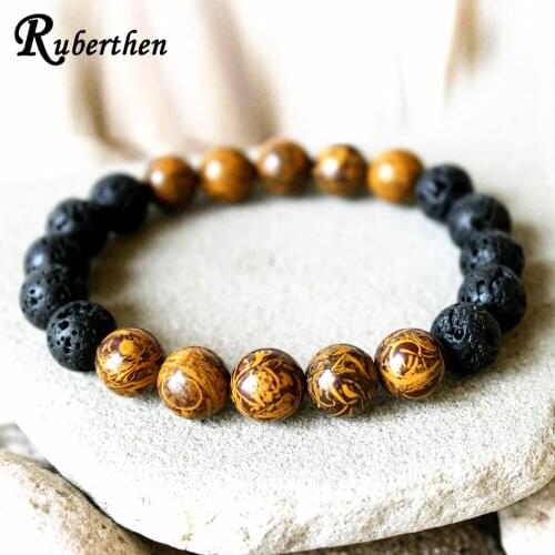 Ruberthen New Design Men`s Elephant Skin Jaspers Bracelet 10 mm Natural Lava Stone Energy Bracelet Mala Gift for Men
