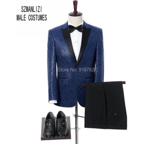 Brand Suit Men 2019 Fashion Formal Business Suit Blue embroidery Jacquard Tuxedo Slim Fit Prom Party Suit Wedding Groom Suits