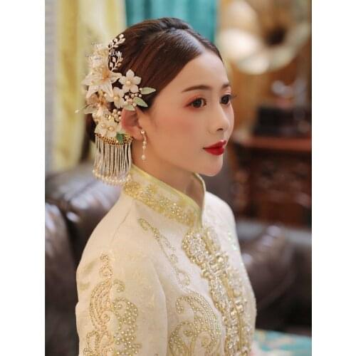 NiuShuya Wedding Bride Headdress Chinese Classic Hanfu Flower Tassel Hairpins Hair Accessories Phoenix Tiara Hair Jewelry
