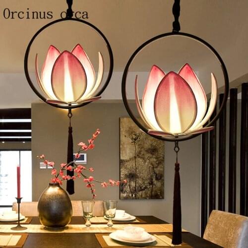 New Chinese classical lotus pendant lamp Tea Room Restaurant aisle Chinese style Zen hand painted fabric pendant lamp