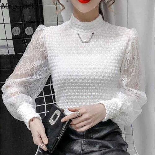 Autumn Stand Collar Womens Shirts Long Sleeve Knitted Bottomed Blouse Lace Patchwork Crochet Women Top Winter New Blusas 16001