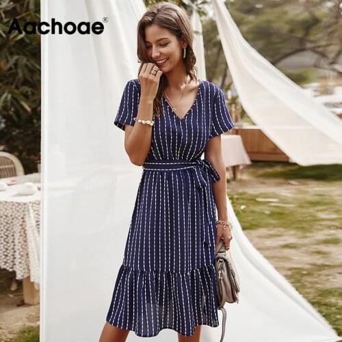 Aachoae V Neck Casual Stripe Dress Short Sleeve Office Midi Dress Fashion Lady A Line Dresses Bandage Sundress Vestidos Mujer