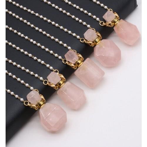 Natural Stone Perfume Bottle Pendant Necklace Charms Rose Quartz Pendant Necklace Essential Oil Diffuser Pearl Chain Length 80cm