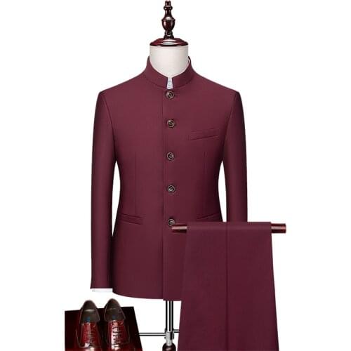 2021 Luxury 2 piece mens wedding suit fashion men slim solid color business office suit sets large size men Chinese tunic suit