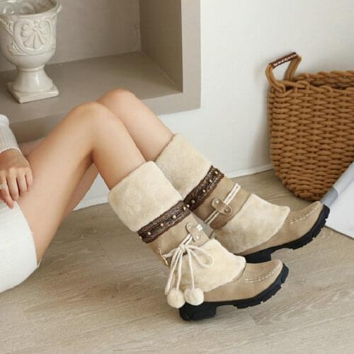 Sianie Tianie Bohemian Ethnic Western Cowboy Shoes Winter Fur Plush Warm Thermal Mid-calf Womans Snow Furry Boots With Pompom