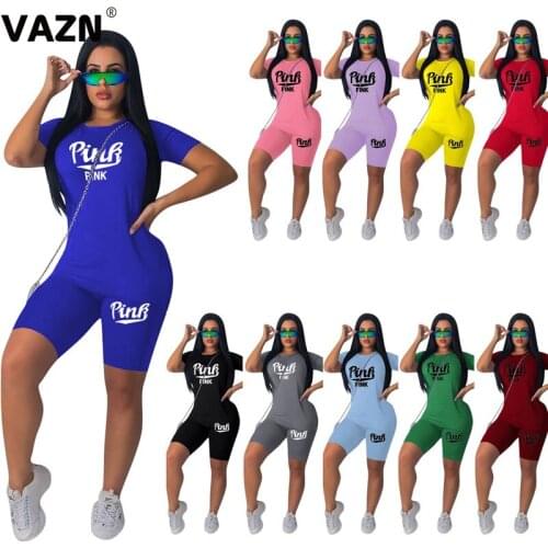 VAZN 2021 Short Sleeve Letter Sport Casual Suit Fashion Elegant Sexy High Street Set Holiday Women Young Energetic Set