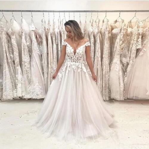 Stylish tulle lace long Wedding Dress A-Line Appliques Lace up Bridal Gowns V-BACK Vestidos De Noiva Wedding Gown