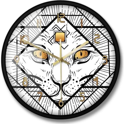 Tattoo Style Devil Cat Head Silent Movement Wall Clock Gothic Home Decor Dark Witchy Cat with Three Eyes Decorative Wall Clock