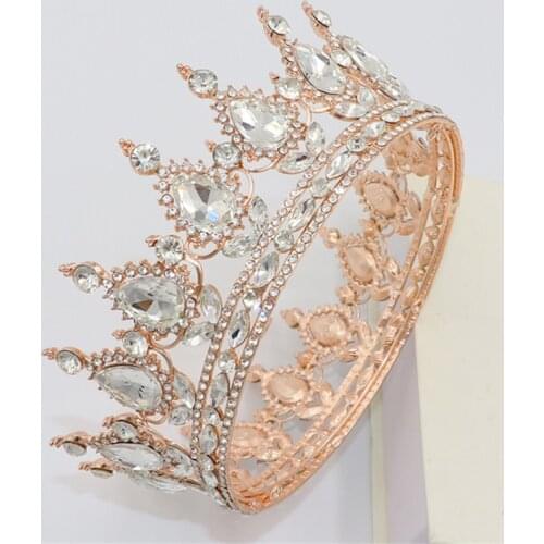 Queen King Tiaras and Crowns Bridal Women Rose Gold Color Crystal Headpiece Diadem Bride Wedding Hair Jewelry Accessories