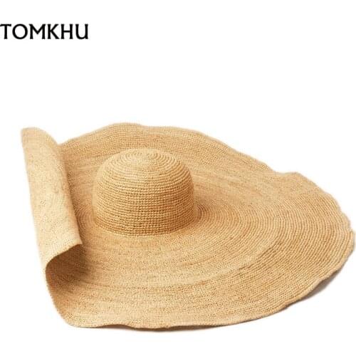 Spring Summer New Hand-woven 30cm Oversized Raffia Straw Hat For Women Stage Catwalk Style Beach Seaside Vacation Cap Foldable