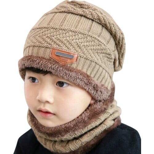 2021 New Fleece Contrast Colors Knitted Warm Winter Hats For Kid Hat+scarf Two Piece Set Girls And Boys Hats Neck Children Scarf
