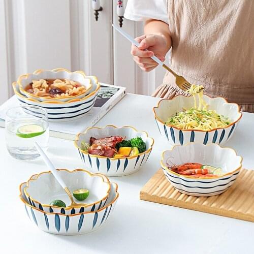 Japanese tableware 6-inch 7-inch flower bowl ceramic fruit salad bowl cherry bowl household noodle bowl soup bowl cutlery set