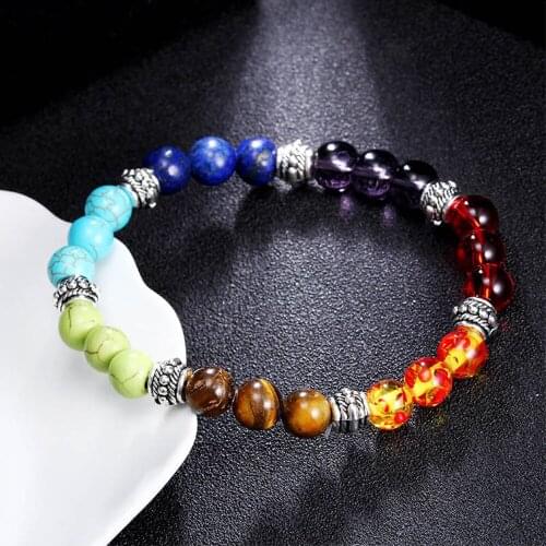Chakra Yoga 7Colors Stone Beaded Bracelet for Men Women Strand Tiger Eye Chakra Healing Meditation Jewelry Buddha Prayer Gift