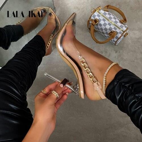 LALA IKAI 2021 Spring Summer Pointed Toe High Heels Chain Decoration Womens Sandals Transparent Female Shoes Zapatos de mujer