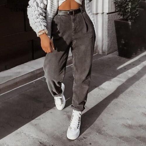 Woman Mom Casual Jeans Pants Boyfriend High Waist Denim Pants 2020 New Autumn Retro Solid Comfortable Jeans Female Gray