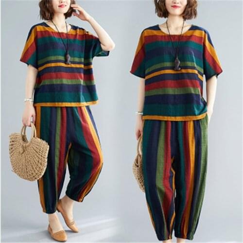 Cotton And Linen Suit Women 2020 Summer Fashion New Retro Striped Round Neck Short-Sleeved Top + Casual Pants Two-Piece Trend
