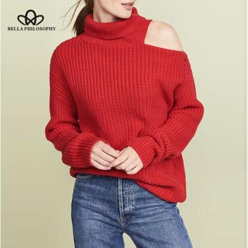 Bella philosophy Women Winter Turtleneck Knitted Sweaters Jumpers Casual Long Sleeve Off Shoulder Pullovers Crocheted Streetwear