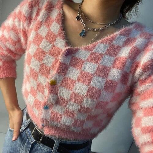 Women Knit Cardigan Crop Tops Fuzzy Long Sleeve V Neck Checkerboard Print Button Down Coats Outerwear Autumn Spring Fashion New