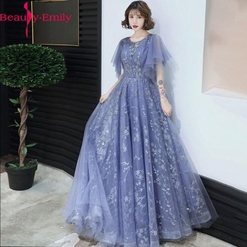 Beauty Emily Luxurious Appliques Women Evening Dress Long 2021 Fashion Blue O Neck Tulle Short Sleeve Pleated Formal Party Dress
