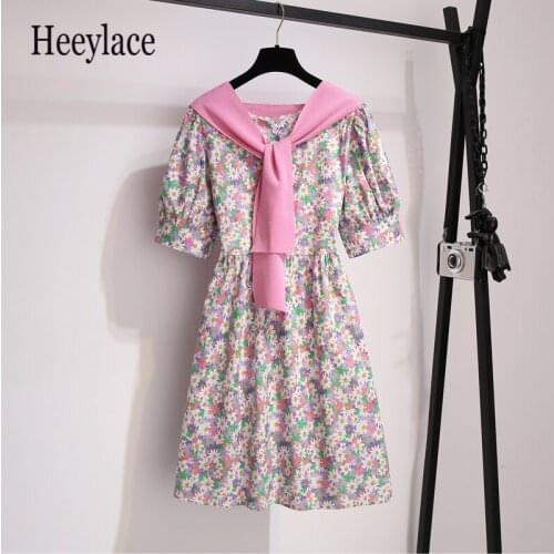 Dress Women Summer 2021 New French Retro Print Round Collar Short Sleeves Fashion Elegant Female Chiffon Midi Dresses