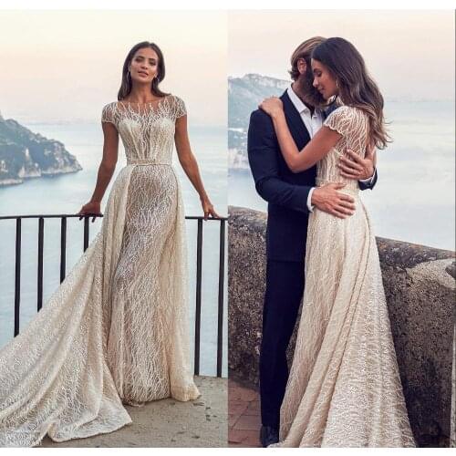 Sexy Mermaid Wedding Dresses with Detachable Train 2020 Lace Applique Beach Wedding Gowns Sequins Illusion Vestidos De Novia