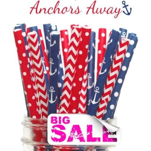 100pcs Mix Colors Anchors Away Party Paper Straws,Red Chevron and Swiss Dot,Navy Anchor and Dot,Nautical,Partiotic,Sea,Birthday