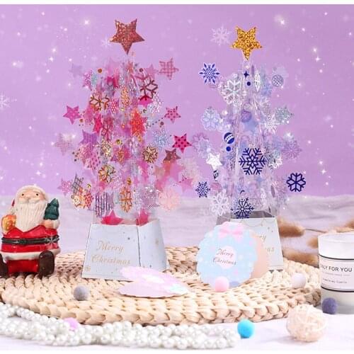 3D PET Blue Pink Dream Crystal Star Christmas Tree Ornaments Greeting Card PostCard Merry Christmas New Year Party Friend Gift