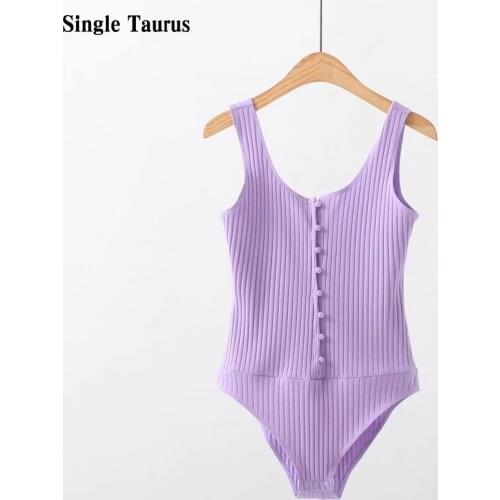 Purple Women Bodysuits Fashion Streetwear Summer Sleeveless Skinny Ribbed Bodysuit Button V Neck Sexy Casual Jumpsuit Romper