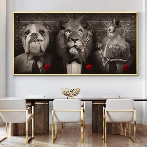 Black Animals in a Suit Poster Print on Canvas Painting Art and Abstract Lion Smoking Cigar Wall Art for Room Home 1 Piece Decor