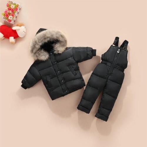 Childrens Down Jacket Suit Boys and Girls Korean Down Coat Pants Winter Thick Fur Collar Coat Two-piece Set