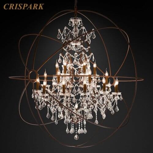 Foucaults Orb Clear Crystal Chandelier Light LED E14/E12 Retro Rural Rustic Frame Hangin Lamp Art Deco Bedroom Living Room