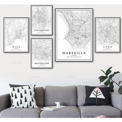 France City Map Poster Paris Lyon Marseille Montpellier Canvas Painting Black and White Picture Home Interior Wall Art Decor