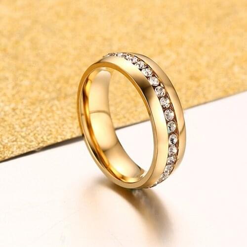 Classic Gold Color Crystal Wedding Ring for Men Women 6mm Stainless Steel Engagement Female Finger Jewelry