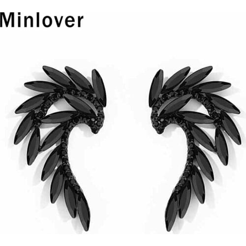 Minlover Geometric Black Crystal Stud Earrings for Women Statement Feather Wing Earrings New Design Prom Wedding Jewelry MEH1477