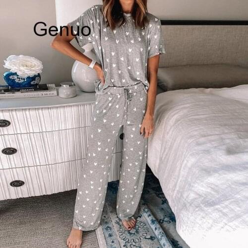 New Womens Cotton Two Piece Pants Sets Summer Leisure Home Wear Clothing Plaid Printing 2 Pieces Female Pajamas Pyjamas