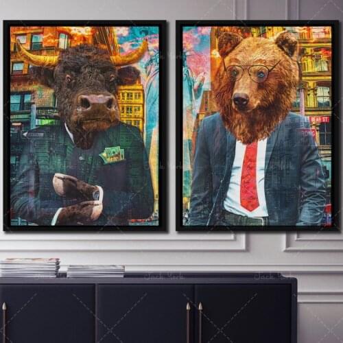 Oversized Wall Art for Stock Market Lovers - Framed Canvas Stretched Bull & Bear Modern Traders