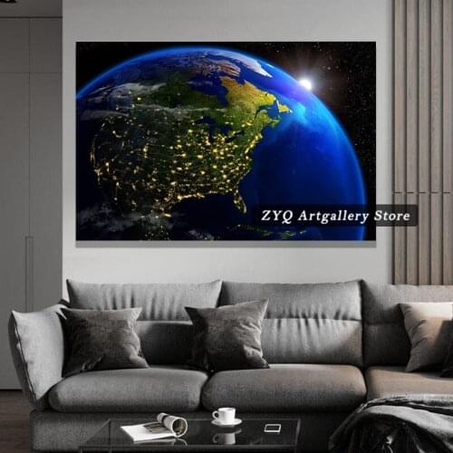 Poster By Night View from space at night Space Universe Artwork All Stars Planets Continent Earth Decoration mural