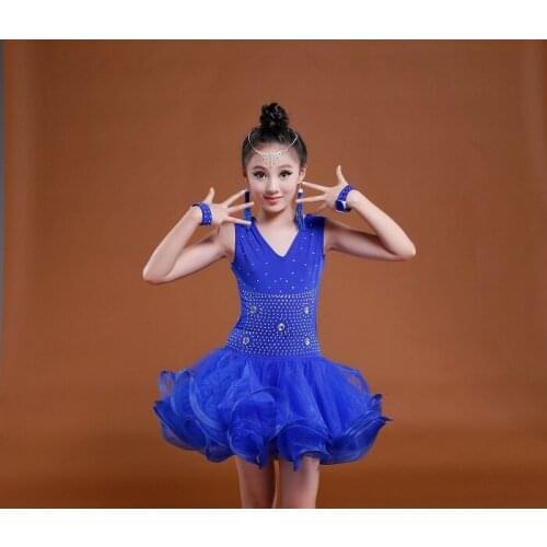2019 New style girls V-neck Latin Dance Dress Girls Cha Cha/Rumba/Samba/Ballroom costumes For Dance blue/yellow/rose 3 colors