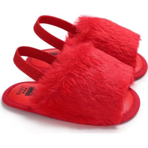 Toddler Baby Girls Plush Sandals Soft Sole Faux Fur Flats Prewalker Slippers With Elastic Back Strap Home Baby Shoes