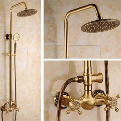 Bathroom Shower Faucet Set Hot & Cold Antique Brass Carved Bathtub Faucet Mixer Tap Wall Mount With Handheld & 10 Inch Top Spray
