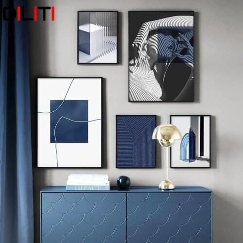 Modern Abstract Blue Geometric Space Canvas Painting Black and White Wall Art Figures Print Poster Pictures for Living Room