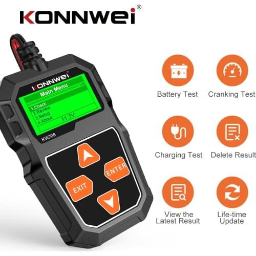 Car Battery Tester 12V KONNWEI KW208 Motorcycle Battery Analyzer 100 to 2000CCA Battery Load Plug Charging Test Cranking Test