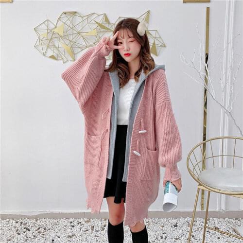 Oversized Mid-length Thick Sweater Cardigan Jacket Autumn and Winter New Loose Hooded Fashion Casual Horn Buckle Top Coat f2925