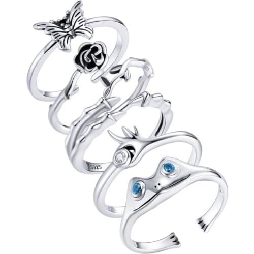 BISAER 925 Sterling Silver Adjustable Opening Ring Rose Butterfly Frog Finger Rings For Women Trendy Party Accessories EFR195