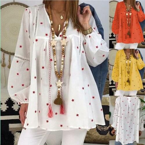 Womens Blouses Spring Autumn Hollow Out Star Print Shirts V-Neck Long Sleeve Blouse Womens Clothing 2021 Casual Loose Y2K Tops